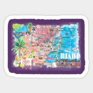 Miami Florida Illustrated Travel Map with Roads and Highlights Sticker